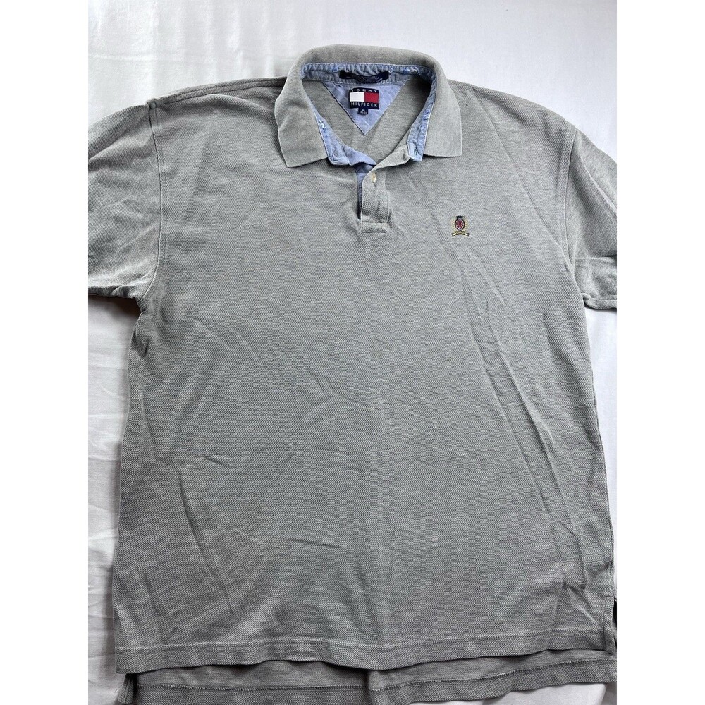Vintage 90s Tommy Hilfiger Crest Logo Heather Grey Polo Shirt Mens XL